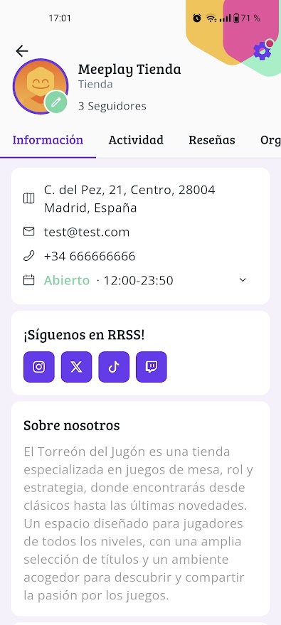 MEEPLAY APP • Juegos de Mesa • Información Tienda
