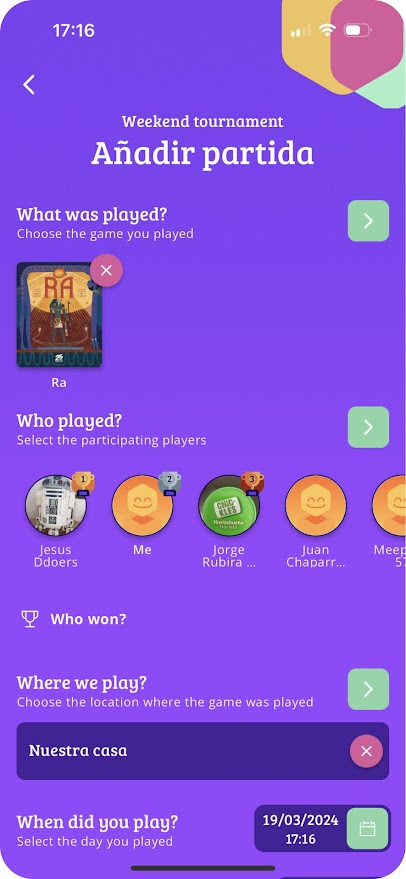 MEEPLAY APP • Juegos de Mesa • Añadir partida weekend
